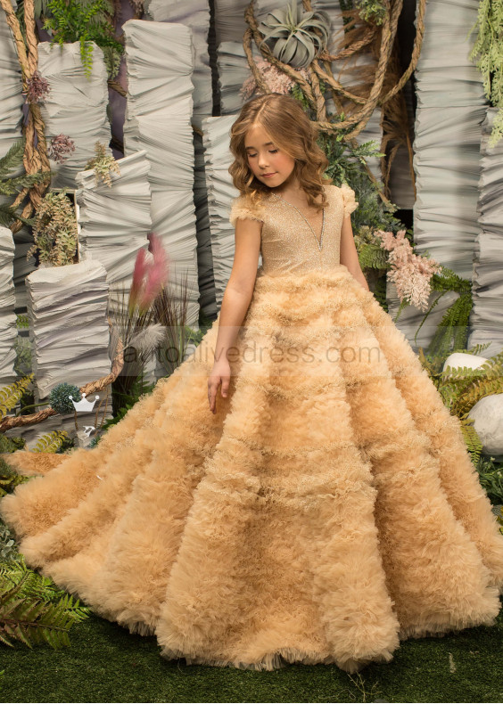 Beaded Gold Tulle Sparkle Floor Length Flower Girl Dress